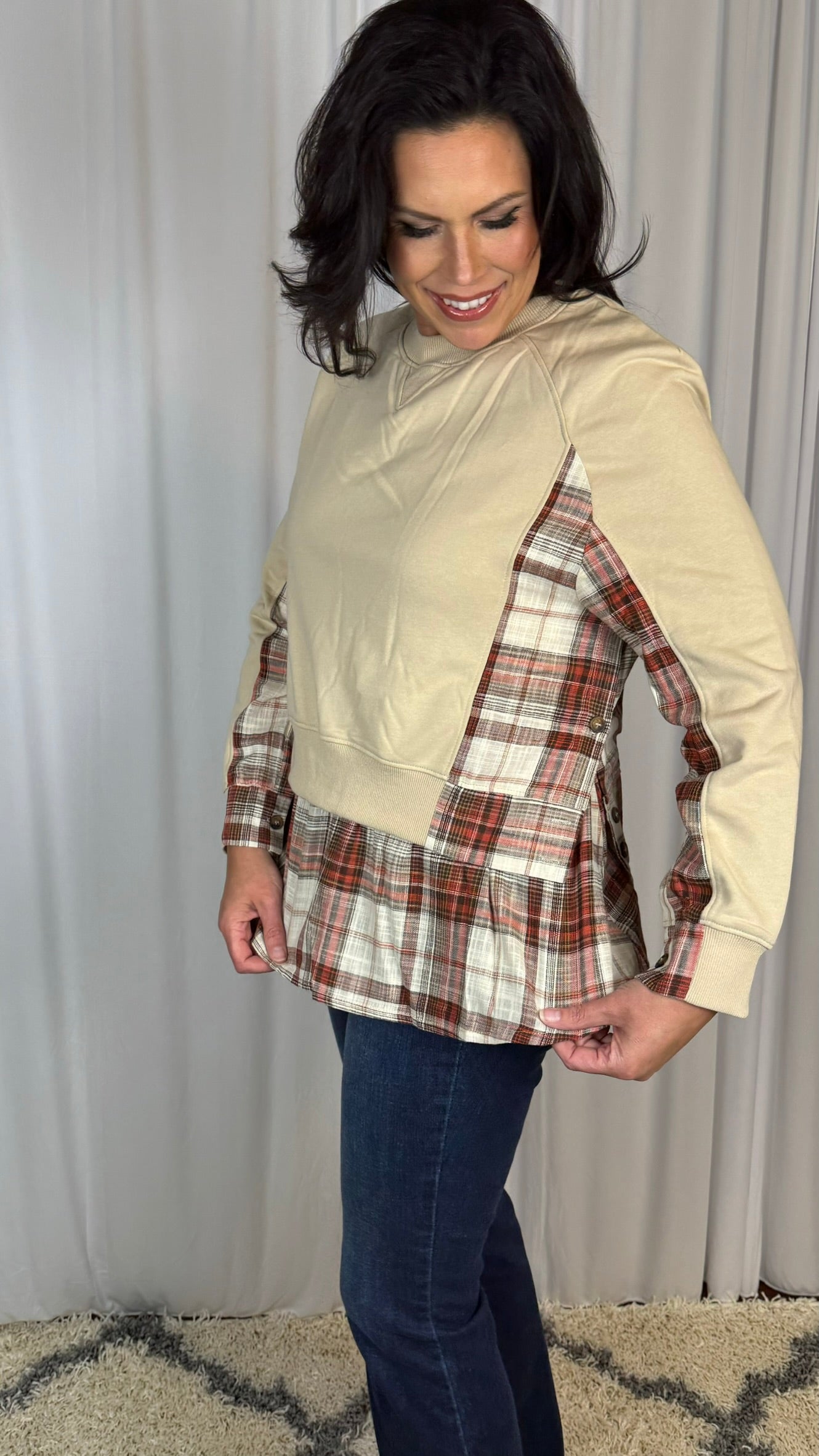 Double Layered Plaid Contrast Sweatshirt