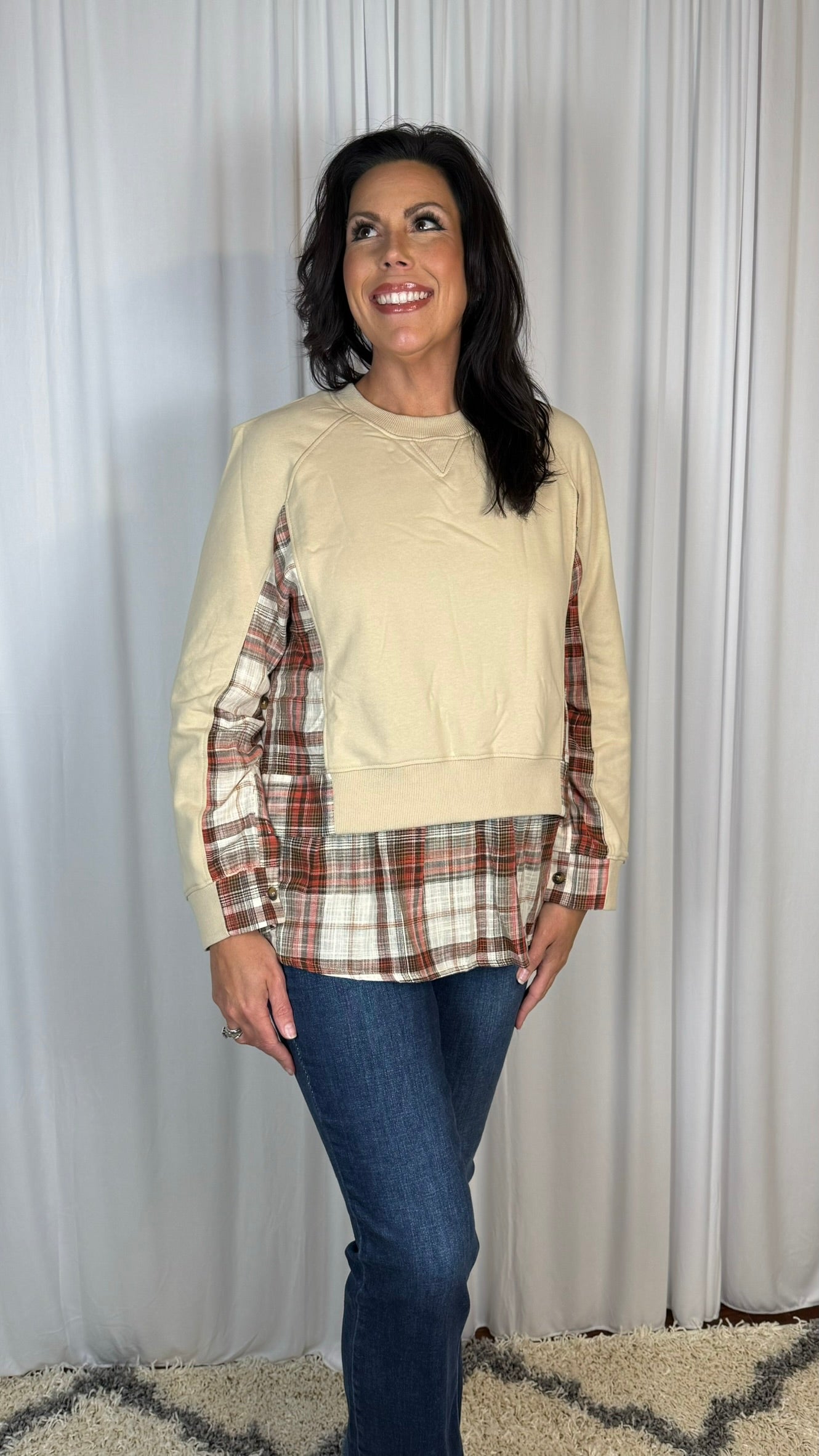 Double Layered Plaid Contrast Sweatshirt