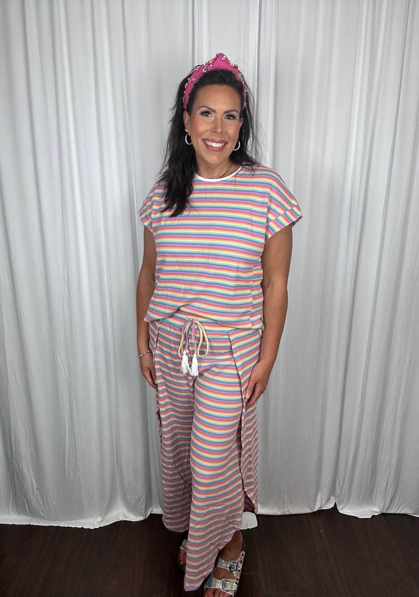 Rainbow Stripe Tee & Tasseled String Wide Leg, Flyaway Pants Set