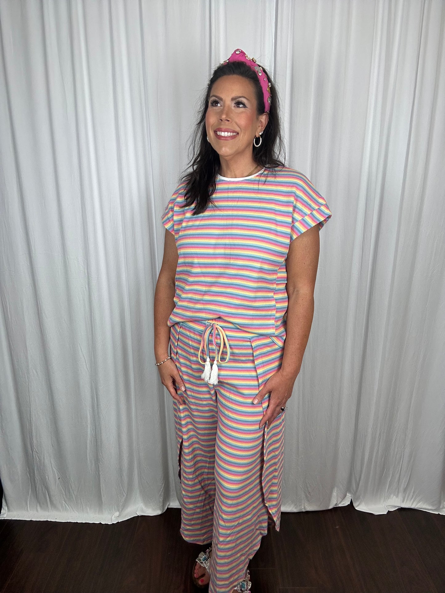 Rainbow Stripe Tee & Tasseled String Wide Leg, Flyaway Pants Set