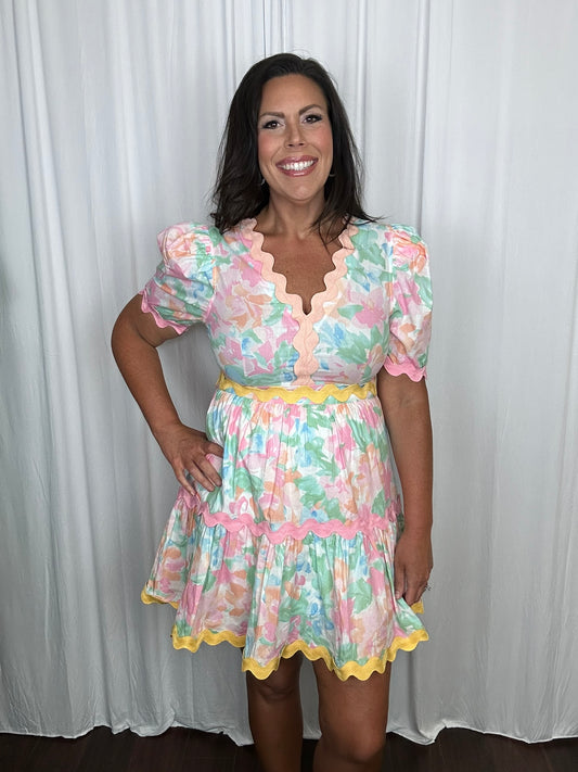 Floral Pink and Peach Ric Rac Trim Dress