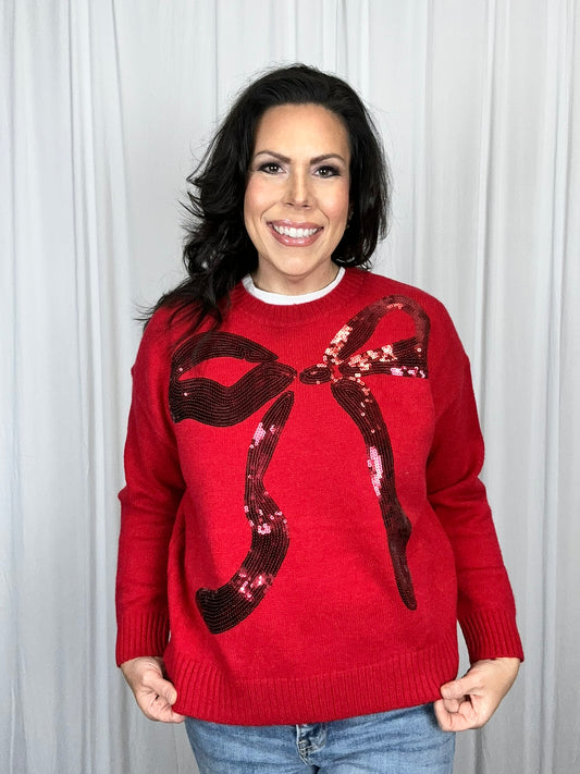 SEQUIN RIBBON BOW EMBROIDERY SWEATER