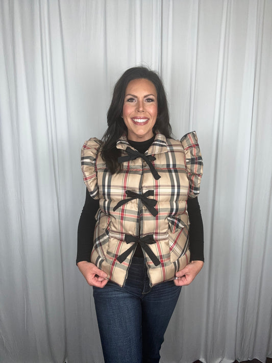 Plaid Puffer Vest with Bow Ties