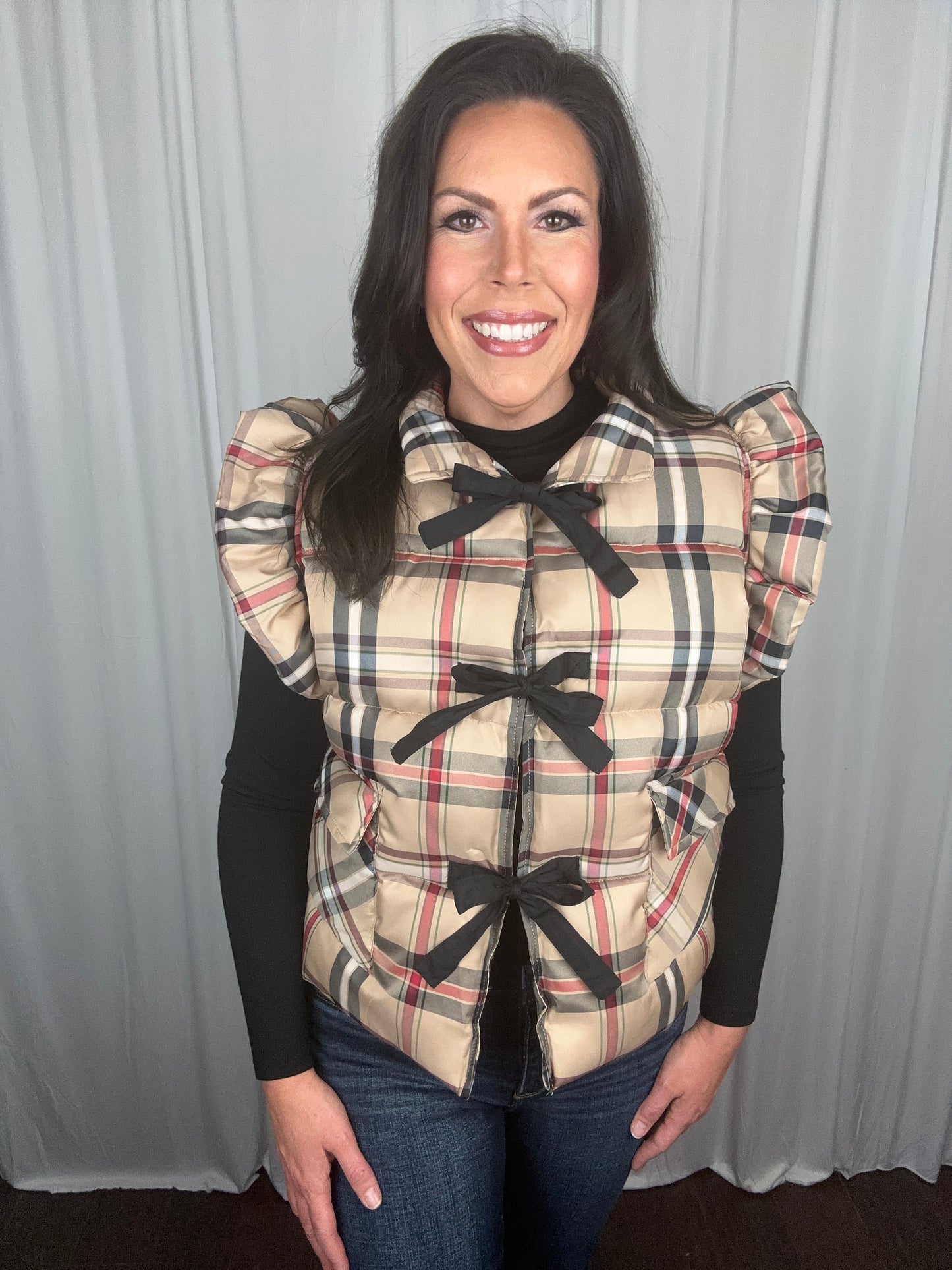 Plaid Puffer Vest with Bow Ties