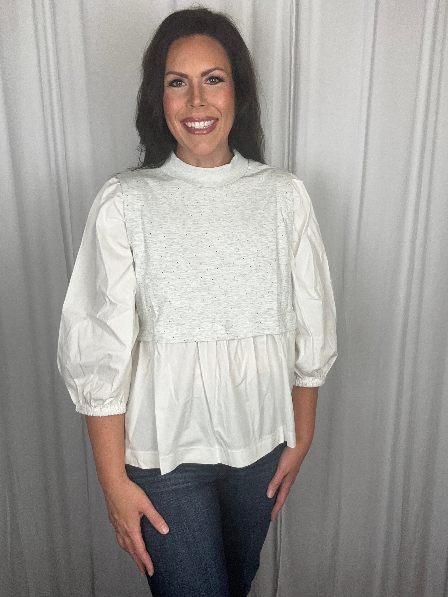 Chic Mock Neck Poplin Blouse with Studded French Terry Contrast