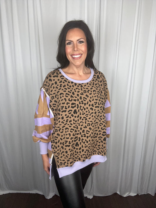 LEOPARD AND STRIPE MIXED TOP