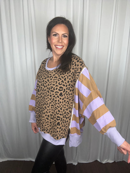 LEOPARD AND STRIPE MIXED TOP