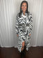 Zebra Print Belted Satin Midi Dress