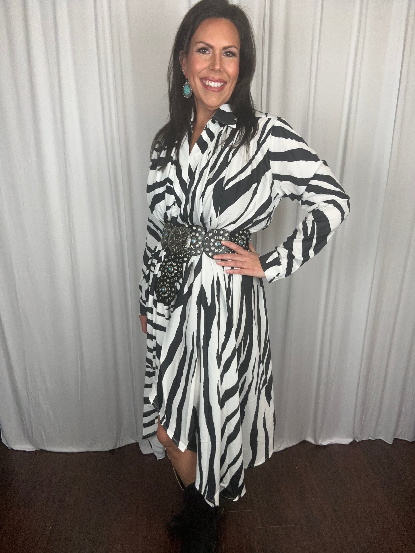 Zebra Print Belted Satin Midi Dress