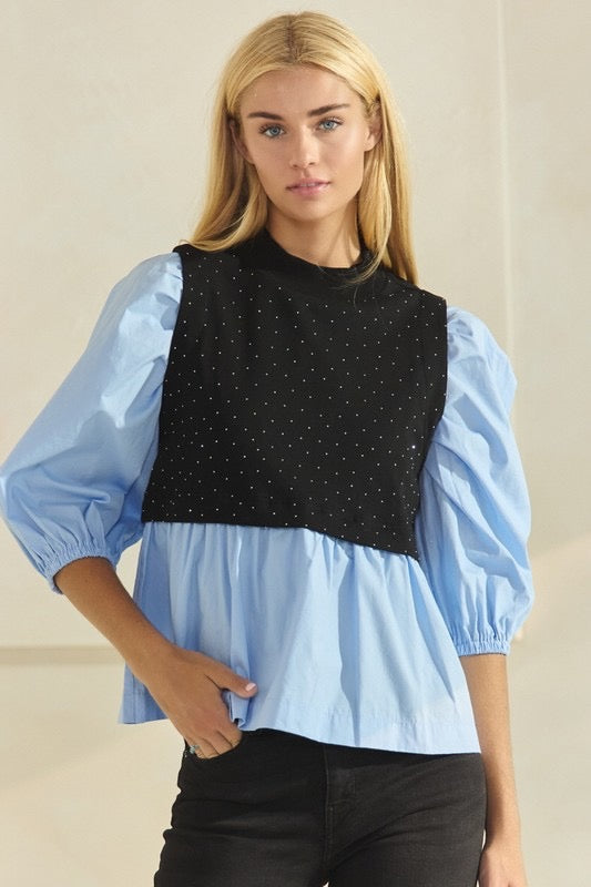 Chic Mock Neck Poplin Blouse with Studded French Terry Contrast