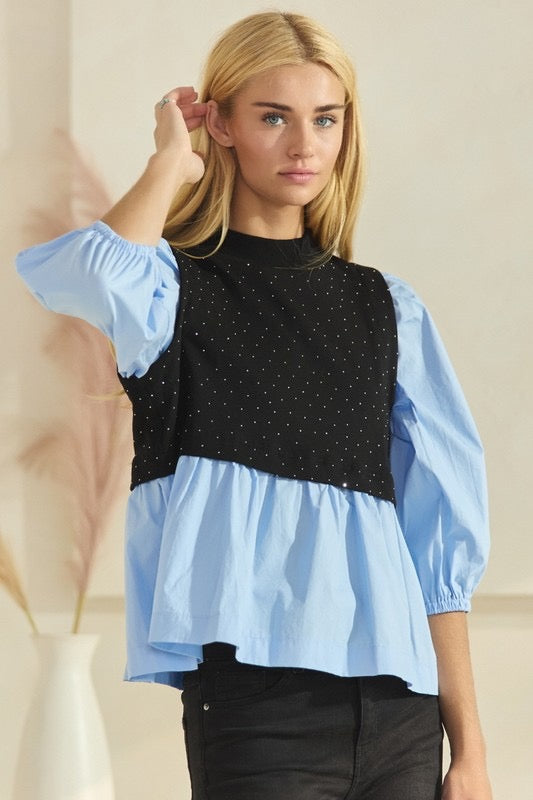 Chic Mock Neck Poplin Blouse with Studded French Terry Contrast