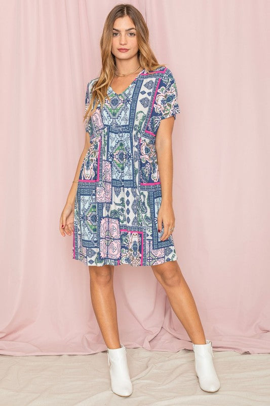 Patchwork V-Neck Dolman Sleeve Dress