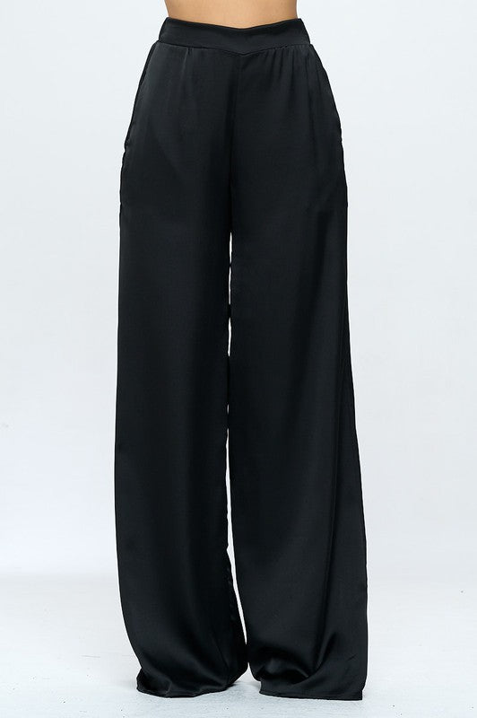 Plus Stretch Satin Pants Elastic Waist and Pockets