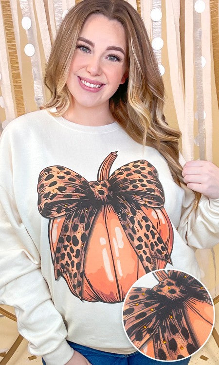 Pumpkin Cheetah Bow Rhinestone Graphic Long Sleeve Shirt