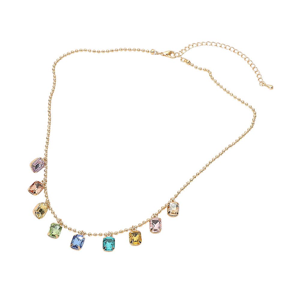 Rectangle Stone Cluster Station Beaded Chain Necklace