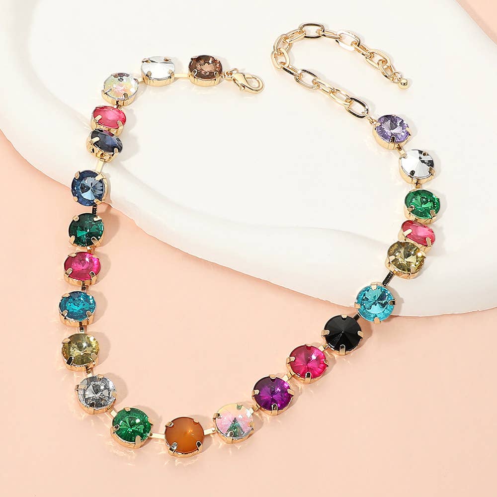 SECRET BOX_Faceted Round Multicolor Cushion Stone Link Necklace