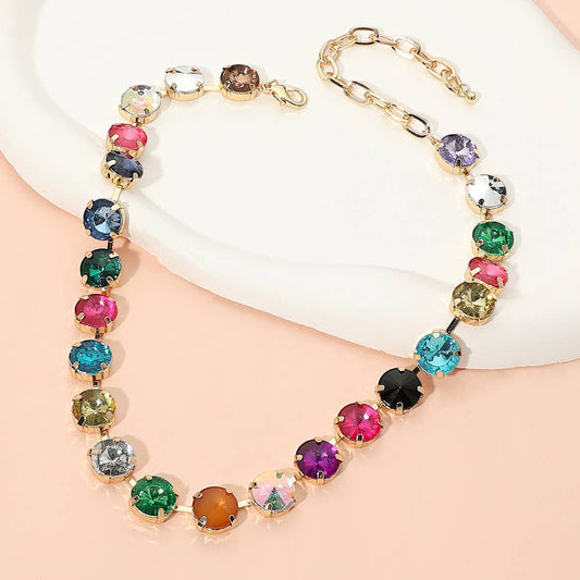 SECRET BOX_Faceted Round Multicolor Cushion Stone Link Necklace