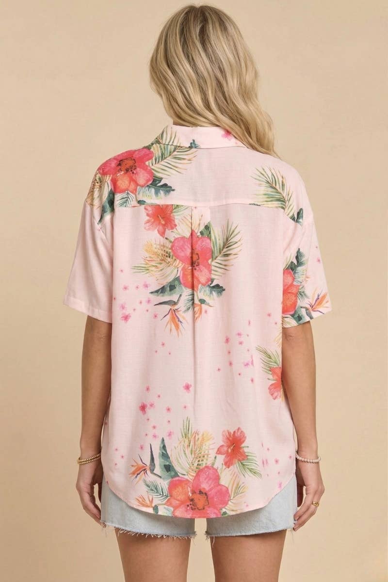 Tropical Floral Button Down Short Sleeve Top
