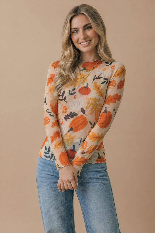 Pumpkin Mesh Semi Sheer Top
