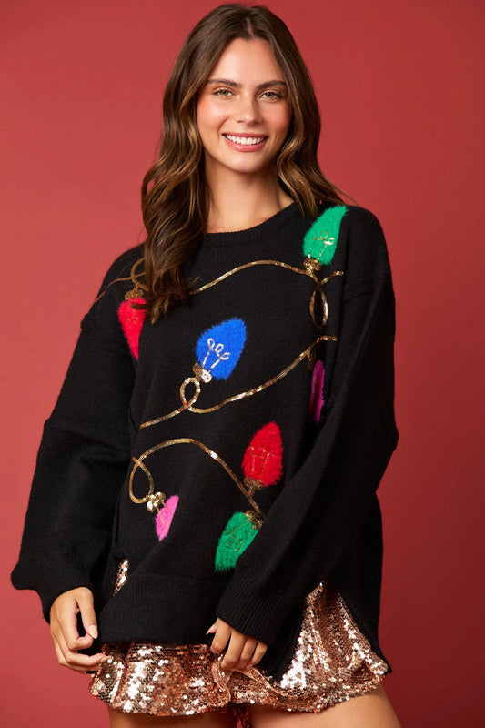 Fur Embroidery Oversized Sweater -Christmas Lights Sequins