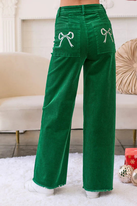 Corduroy Stretch Pants With Ribbon Bow
