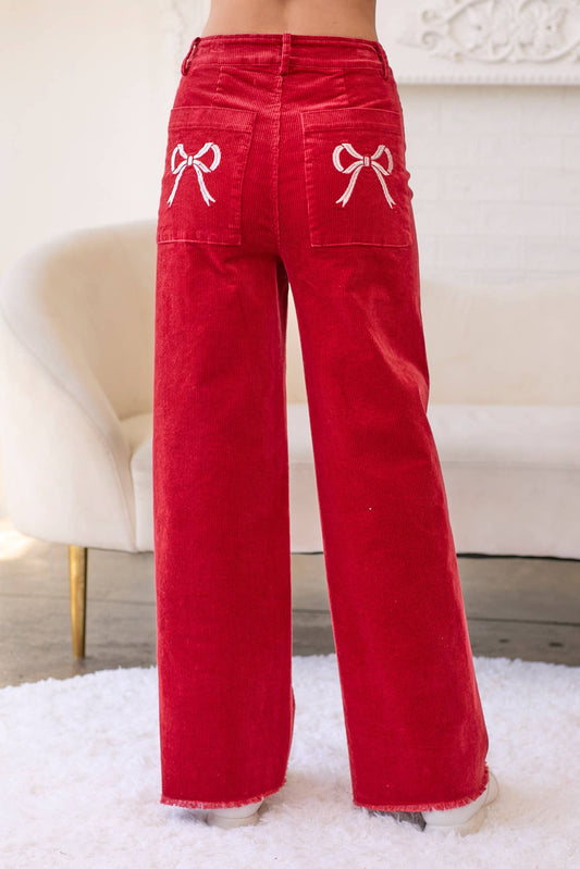 Corduroy Stretch Pants With Ribbon Bow