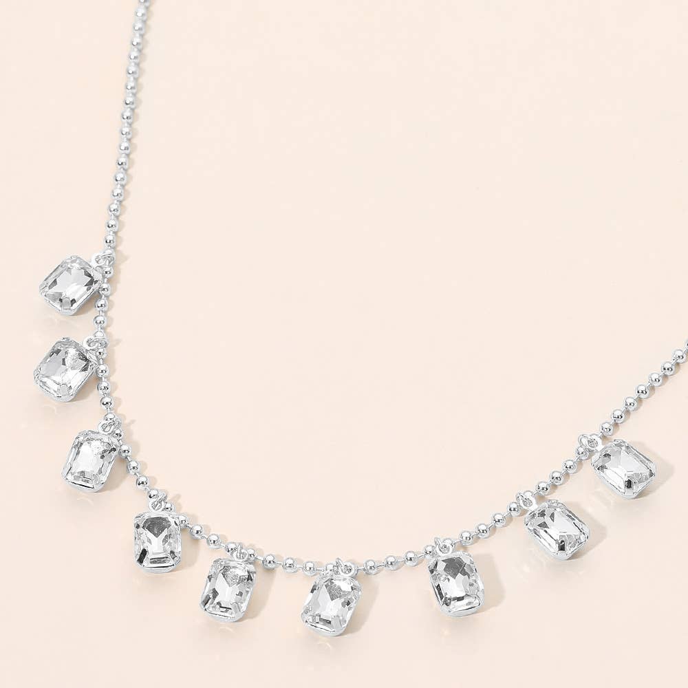 Rectangle Stone Cluster Station Beaded Chain Necklace