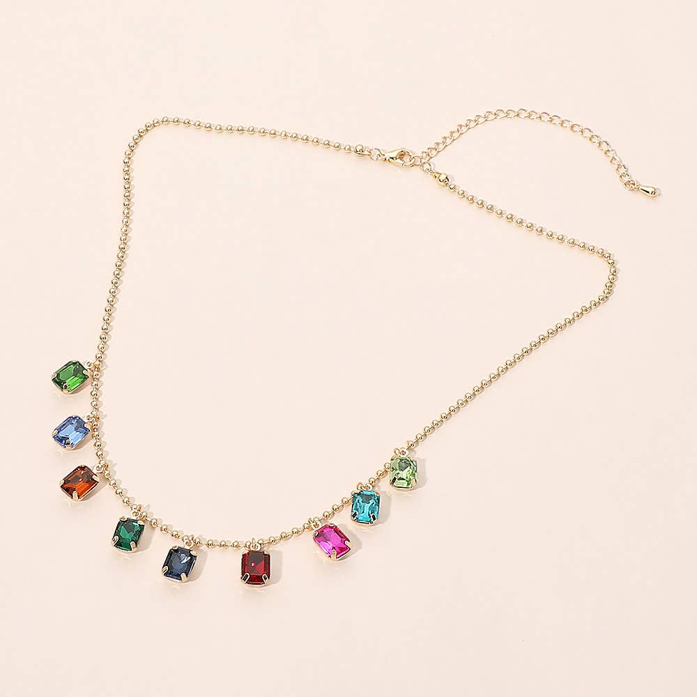 Rectangle Stone Cluster Station Beaded Chain Necklace