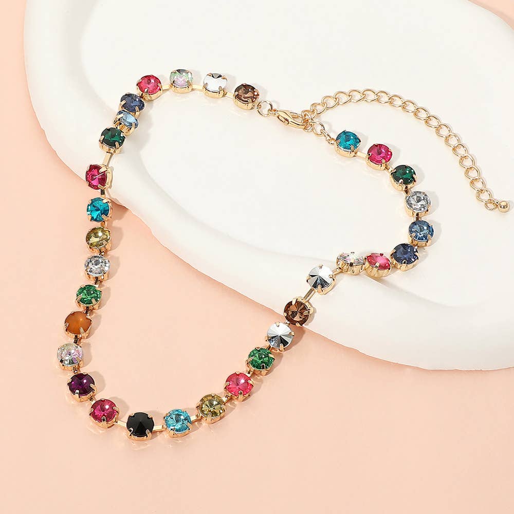 SECRET BOX_Faceted Round Multicolor Cushion Stone Link Necklace