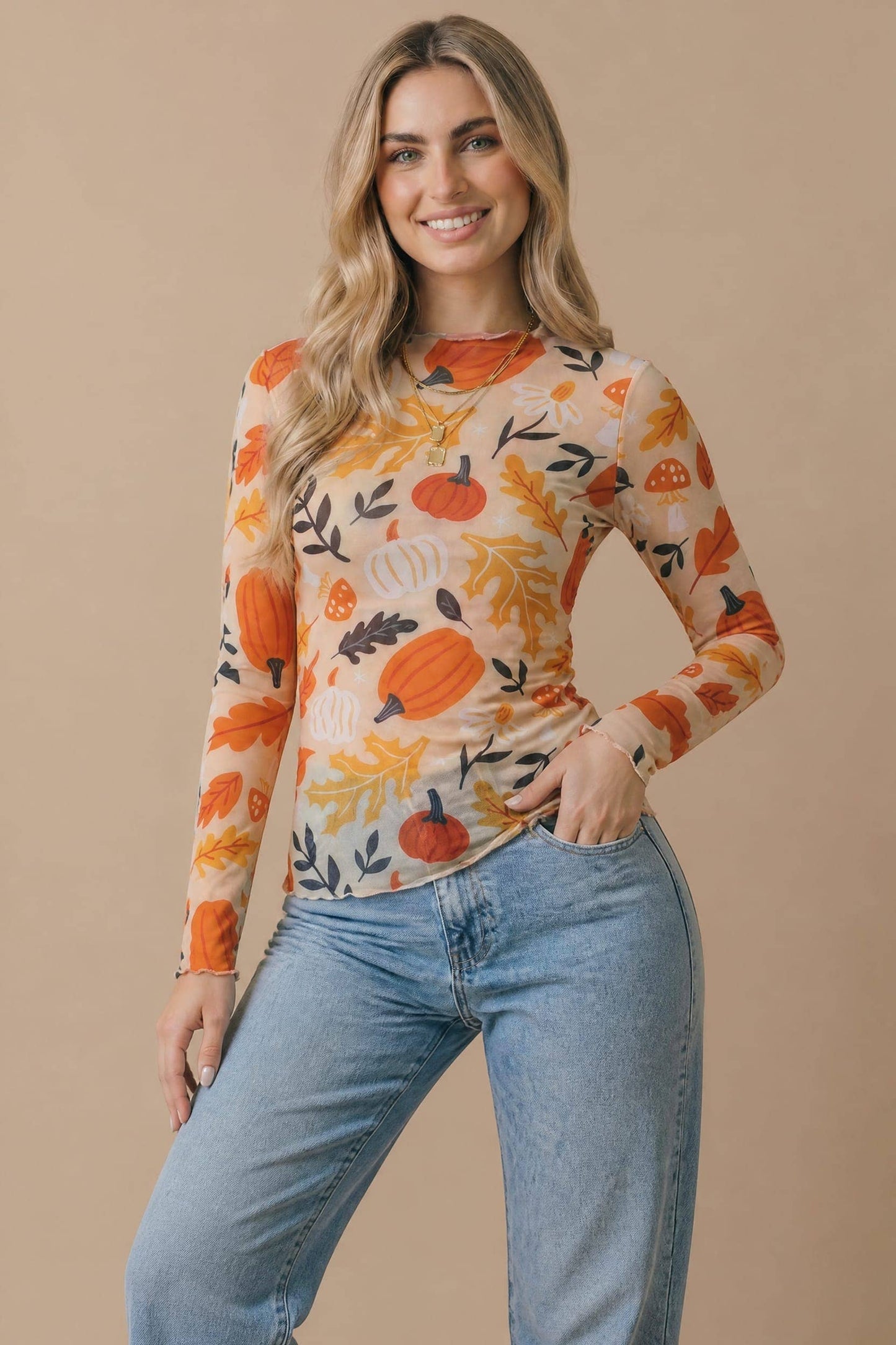 Pumpkin Mesh Semi Sheer Top